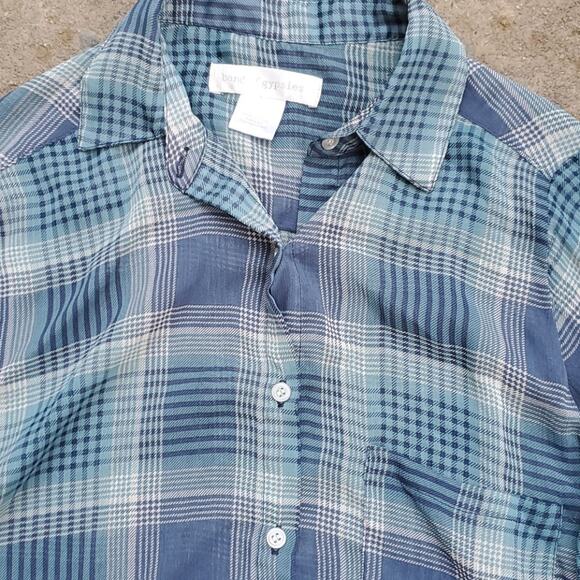 Band of Gypsies sheer plaid roll tab button up shirt green blue gray XS - Picture 4 of 6
